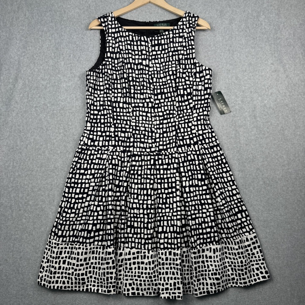 Lauren Ralph Lauren Dress Womens 14 Navy White Geometric Fit Flare Grid NEW